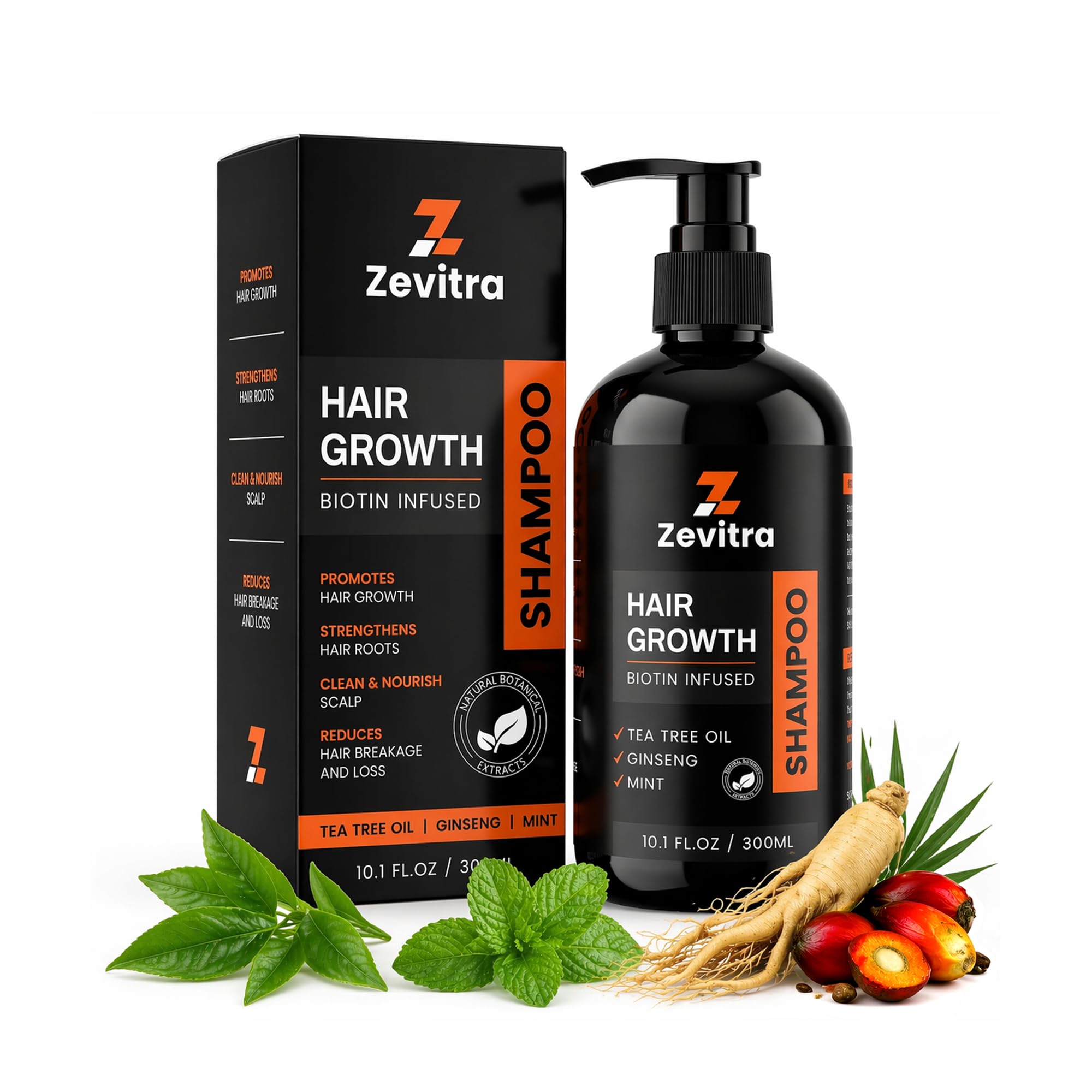 Hair Growth Shampoo 10.1 FL.OZ / 300ML Biotin Hair Shampoo with Tea Tree Oil, Ginseng & Mint To Cleanse The Scalp – Strengthen Roots and Reduce Breakage – Sulfate & Paraben Free Formula