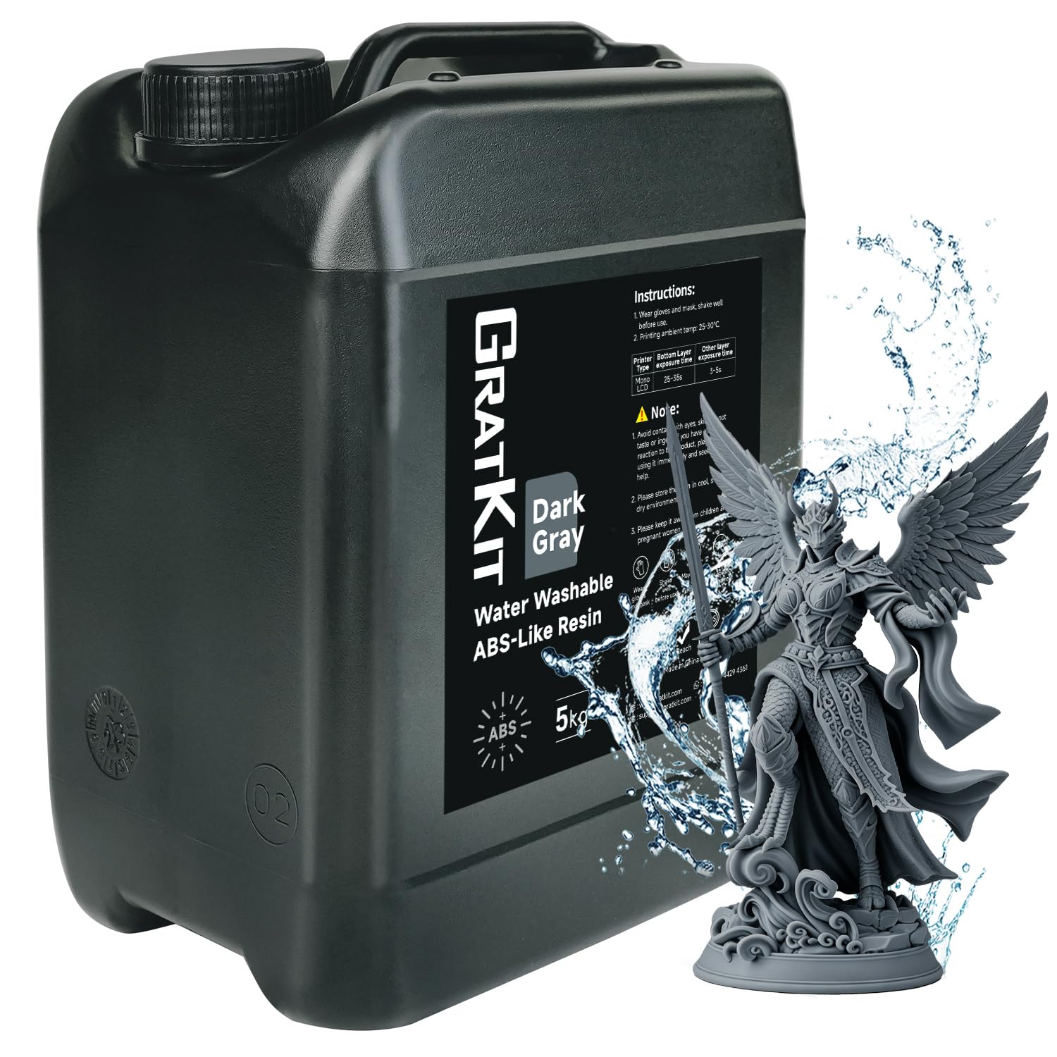 GratKit Wasser Waschbares ABS-Like Resin, 3D-Drucker Resin mit geruchsarm und leicht zu reinigen, Water Washable 405nm UV-härtendes Harz kompatibel mit SLA, DLP und LCD Druckern, Dunkelgrau, 5000g