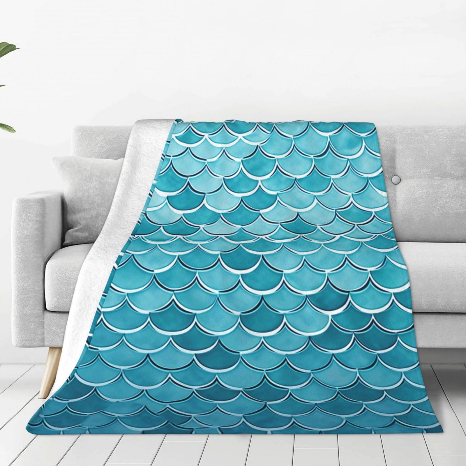 Blue Waves Squama Mermaid Scale Throw Blanket 40"x30" Flannel Fluffy Warm Blanket for Couch, Reversible Plush Blankets for Bed, Comfy Fuzzy Blanket for Sofa, Plush Lightweight-Blankets for All Season