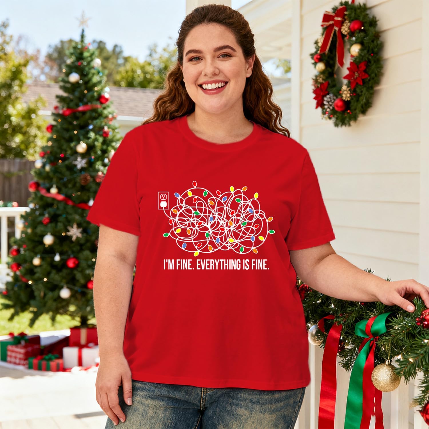 Plus Size Christmas Lights Shirts for Women Merry Christmas T-Shirt Xmas Holiday Lights Tee Tops - Image 2