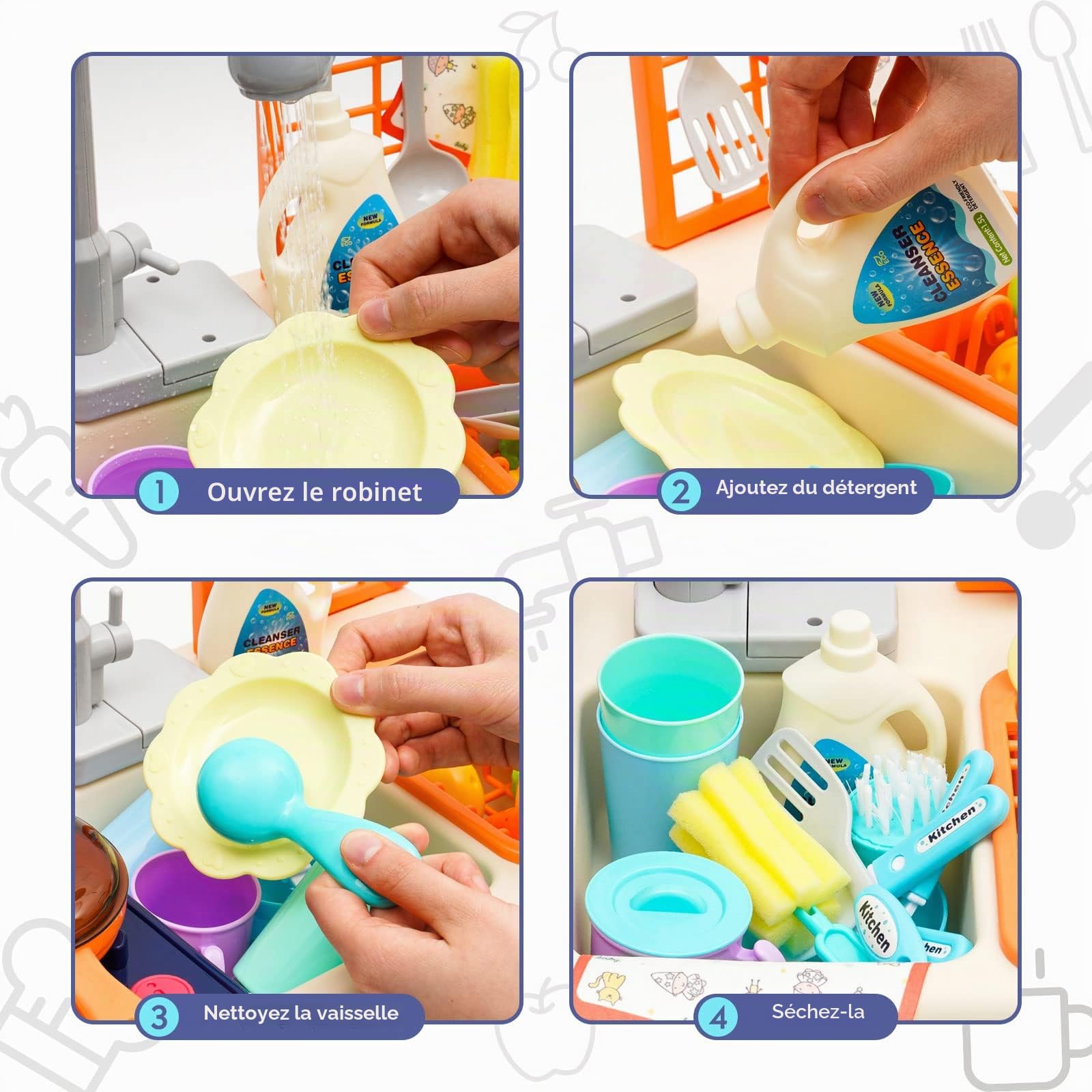 Évier de Cuisine de Robinet Réel | Cuisinière | Casserole | Poêle | Alimentation : Jouet de Cuisine Accessoires de Vaisselle de Couleur Vive pour Enfant : Garçons & Filles