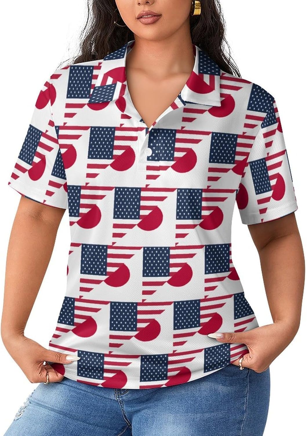 USA and Japan Flag Women's Golf Polo Shirts Short Sleeve Quick Dry Tennis Tops Casual Work Blouses
