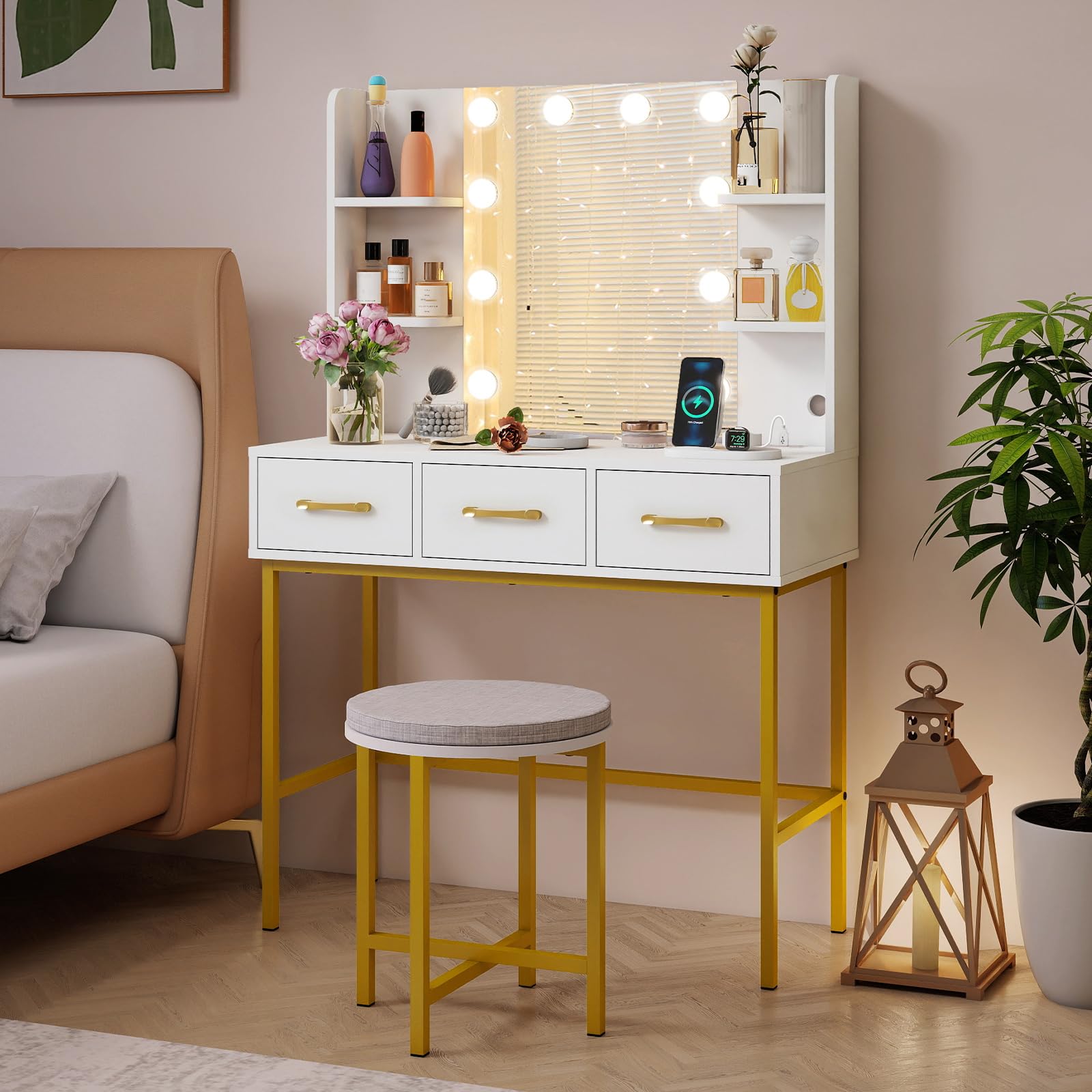 COSTWAY Dressing Table with Mirror and Stool, Makeup Table Vanity Desk Set with 10 Dimmable LED Bulbs, 3-Color Lights, Charging Station, 3 Drawers & Storage Shelves for Bedroom (White+Gold)
