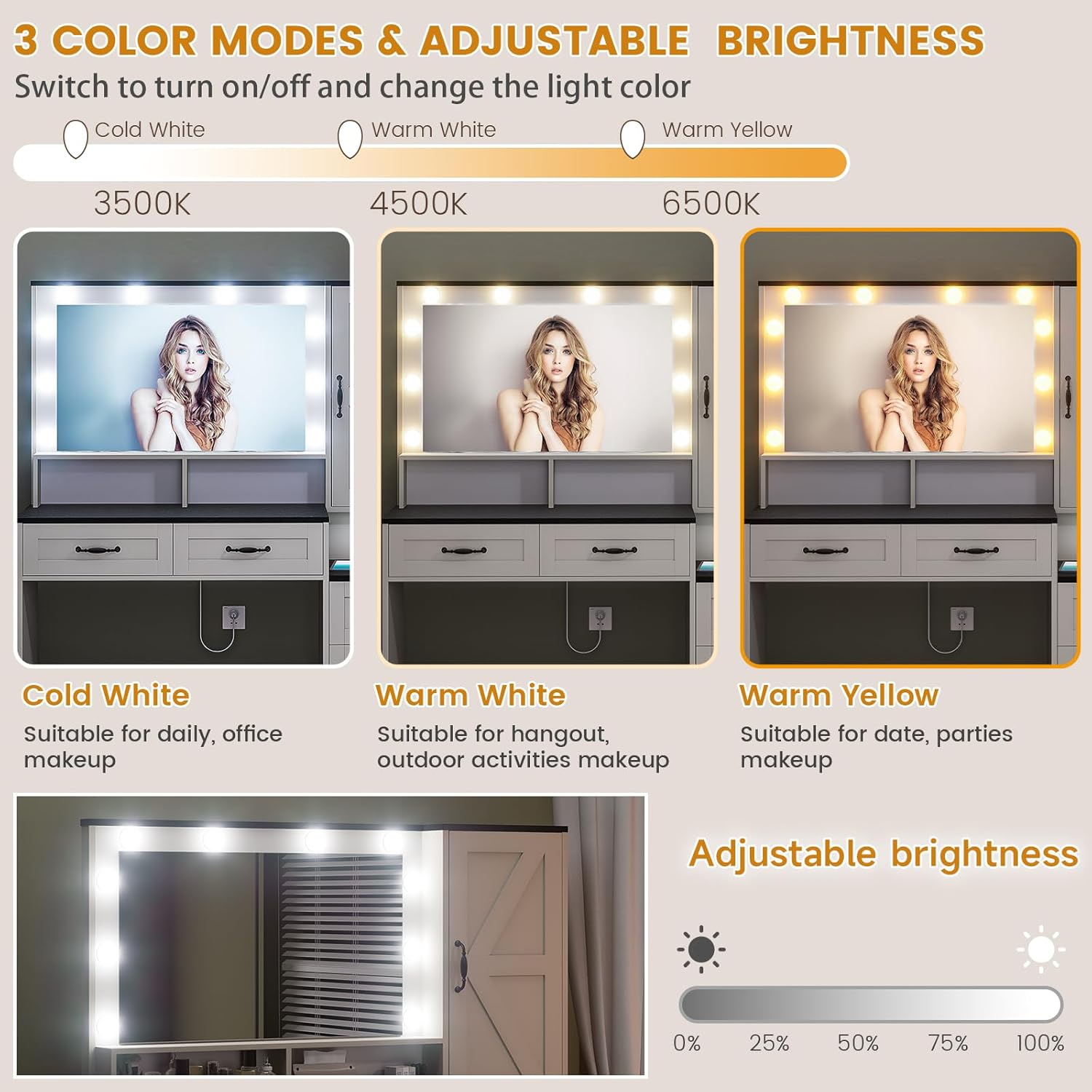 Farmhouse Vanity Desk with Mirror and 10 Led Lights, 45.3 " Large Makeup Vanity Table with Power Outlet, 5 Drawers and 1 cabinet, Vanity Set Dressing Table with 9 Hooks for Women Girls (White+Black)