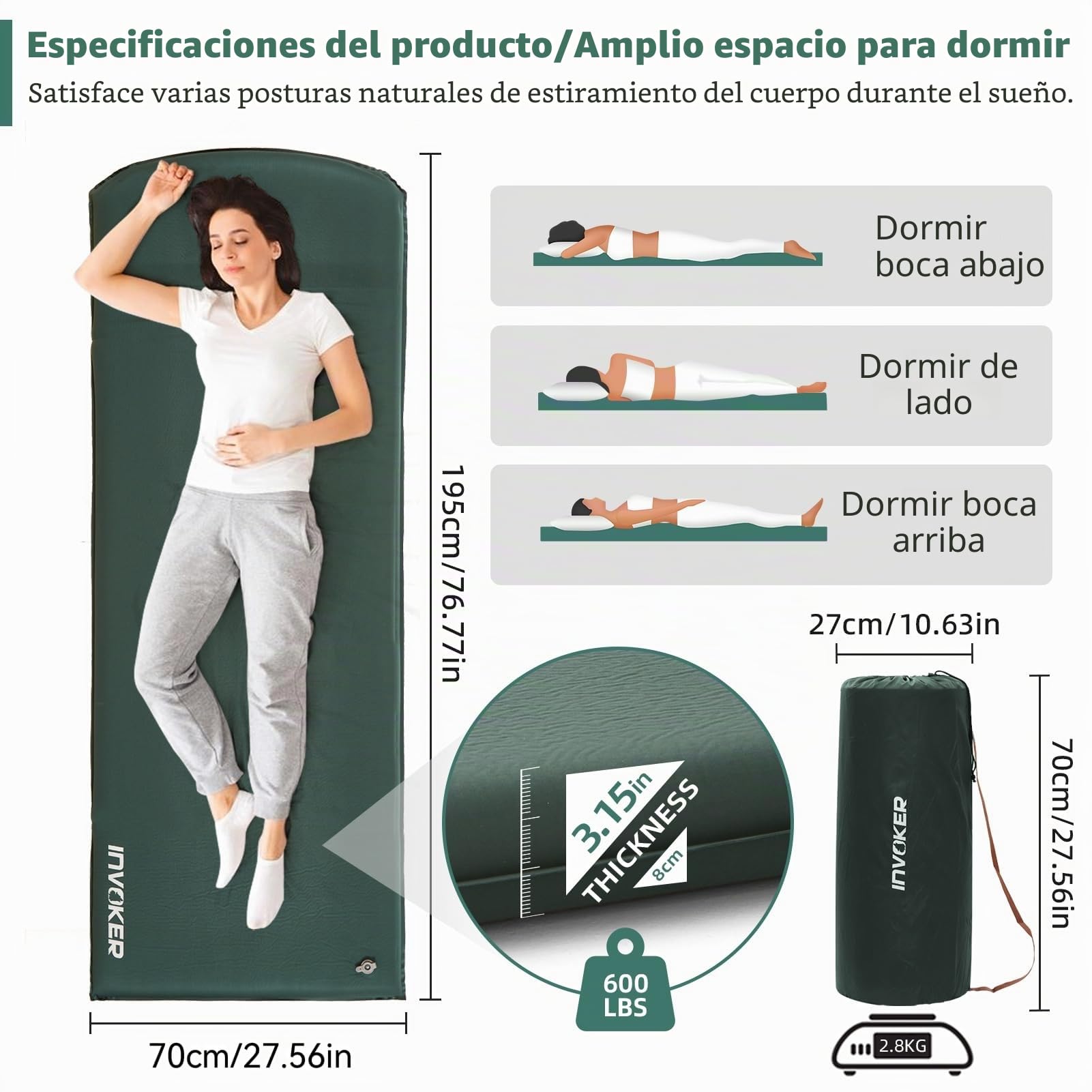 INVOKER - Colchoneta de Dormir de Camping – Espuma elástica Ultra Gruesa de 3.1 Pulgadas, autoinflable rápido, aislada, Duradera, con Almohada para Tienda de campaña, mochileros, Viajes y Senderismo