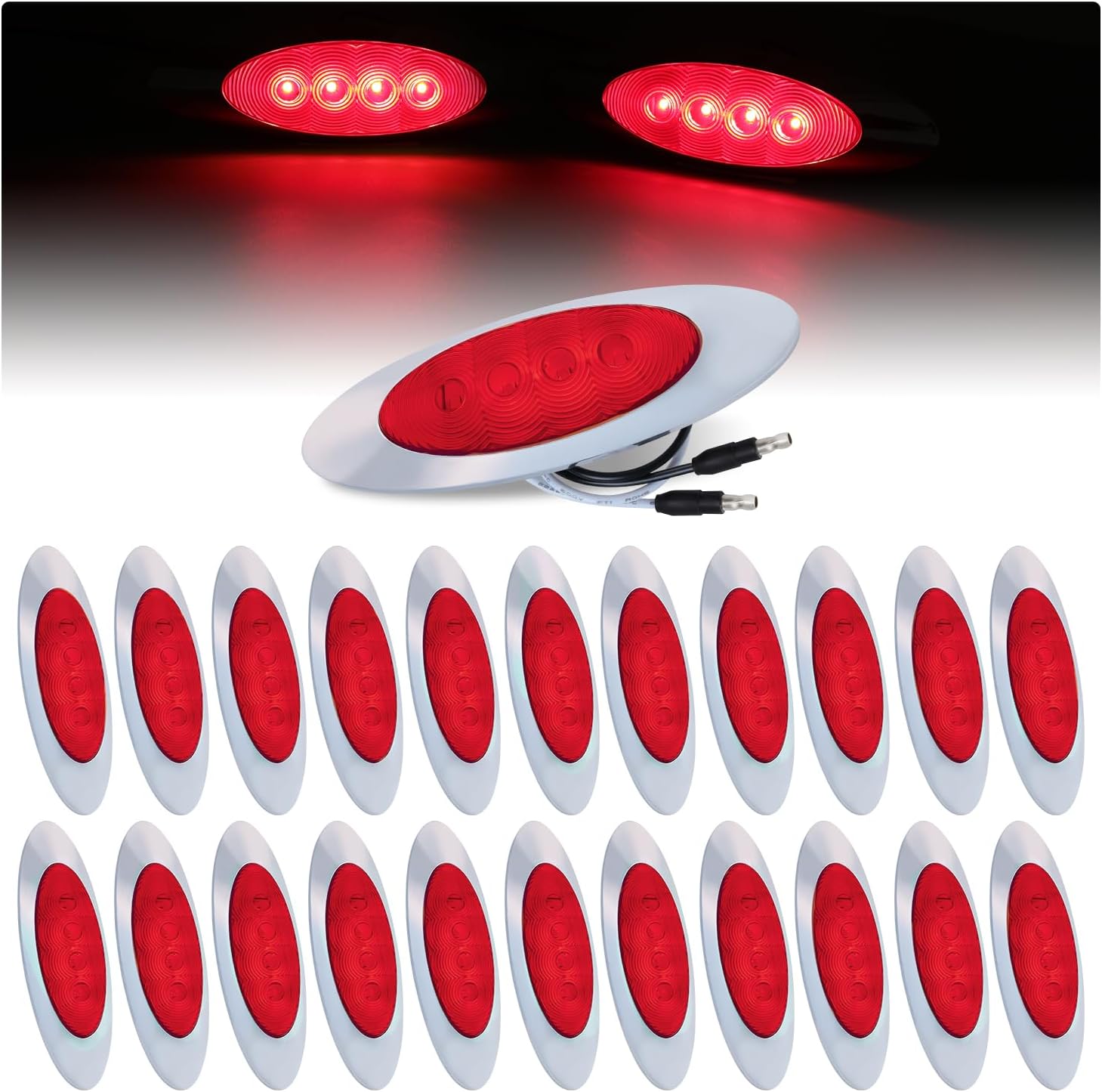 TMH 6-5/8 Oval Red 4LED Side Marker Clearance Lights with Connector Plug Turn Signal Compatible with Peter-bilt Ken-worth Freightli-ner, 12V DC (23 Pcs)