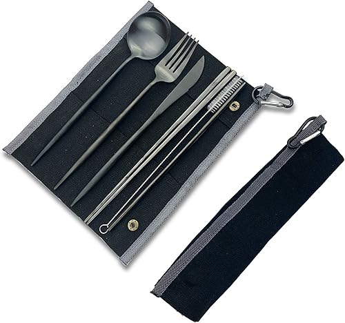 JASHII Utensilios portátiles, juego de cubiertos de viaje y campamento, 7 piezas de cubiertos de acero inoxidable 304, incluye cuchillo, tenedor,