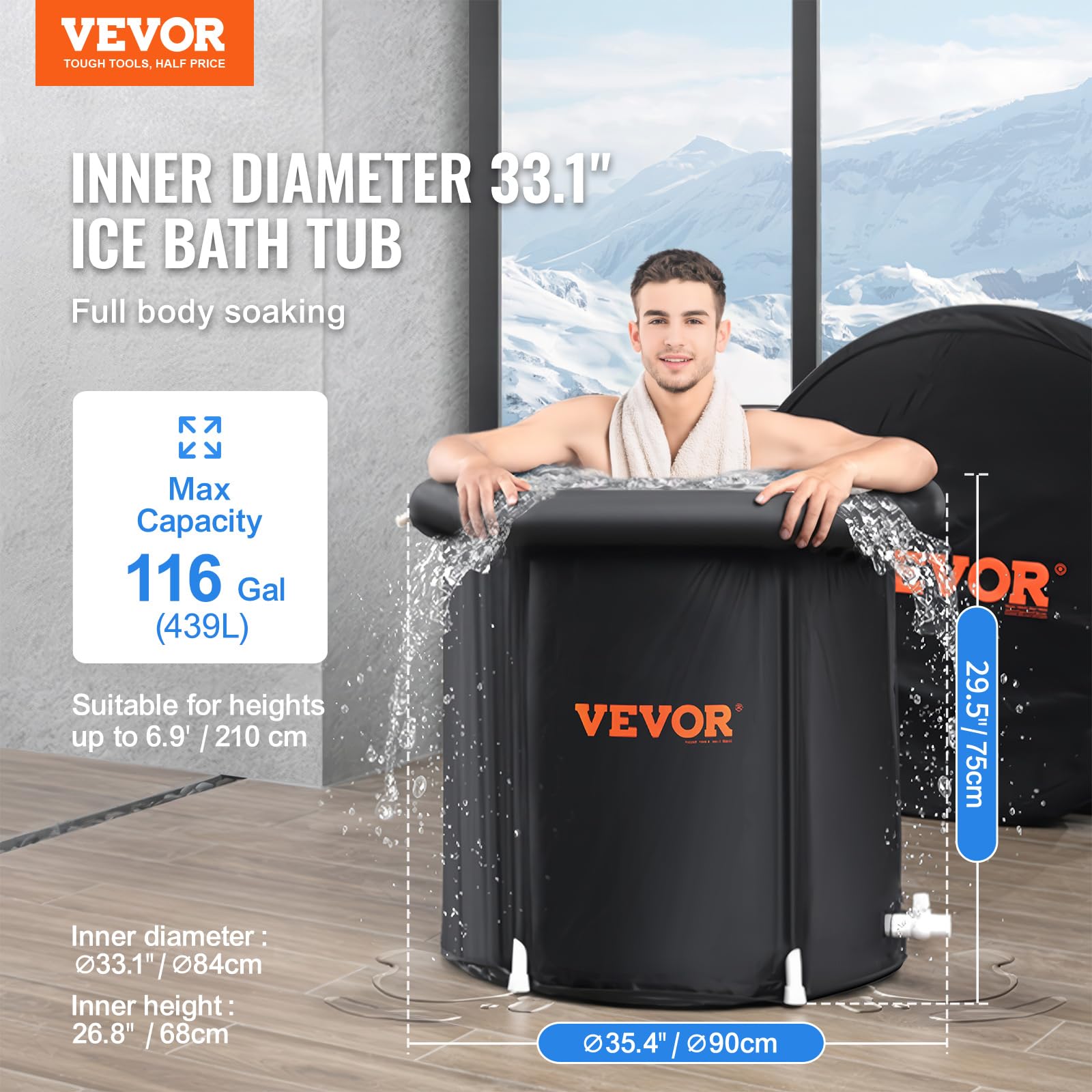 VEVOR Bain Froid Portable 90 x 75 cm 370 L, Baignoire Gonflable Pliable, Seau Bain de Glace pour Sportifs, Thérapie par Eau Froide, avec Couvercle, pour Adulte, Extérieur, Maison, Salle de Sport