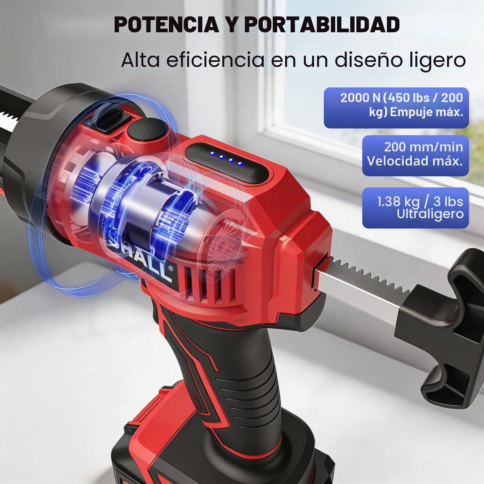 SHALL Pistola de calafateo eléctrica de 21 V,Luz LED, 4 velocidades ajustables, diseño antigoteo, se adapta a cartuchos de 300 ml para sellar y llenar