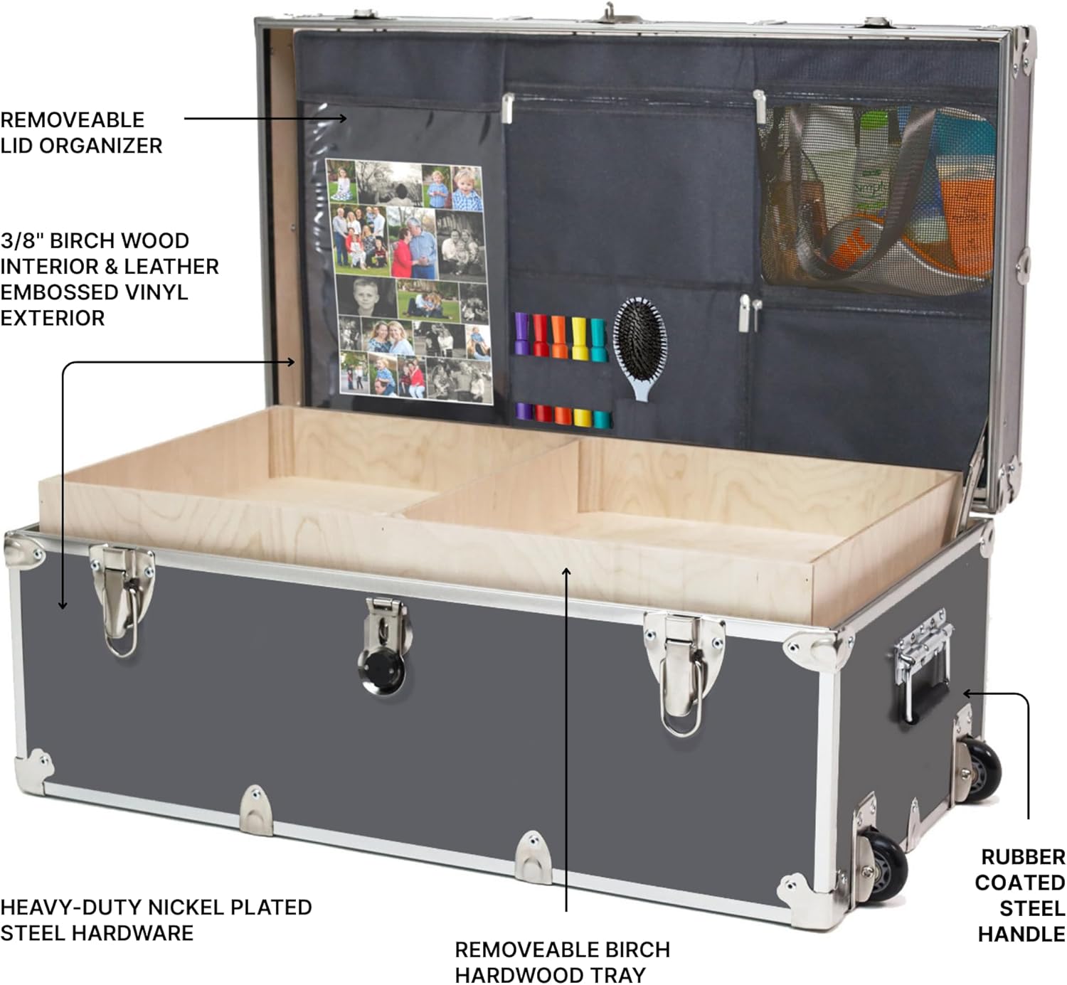 Rhino Trunk & Case Large Essential Trunk With Wheels, Tray, & Lid Organizer - 32"x18"x14", 1000+ lbs Capacity. Strong, USA Made Summer Camp Footlocker, and Secure College Dorm Storage Chest