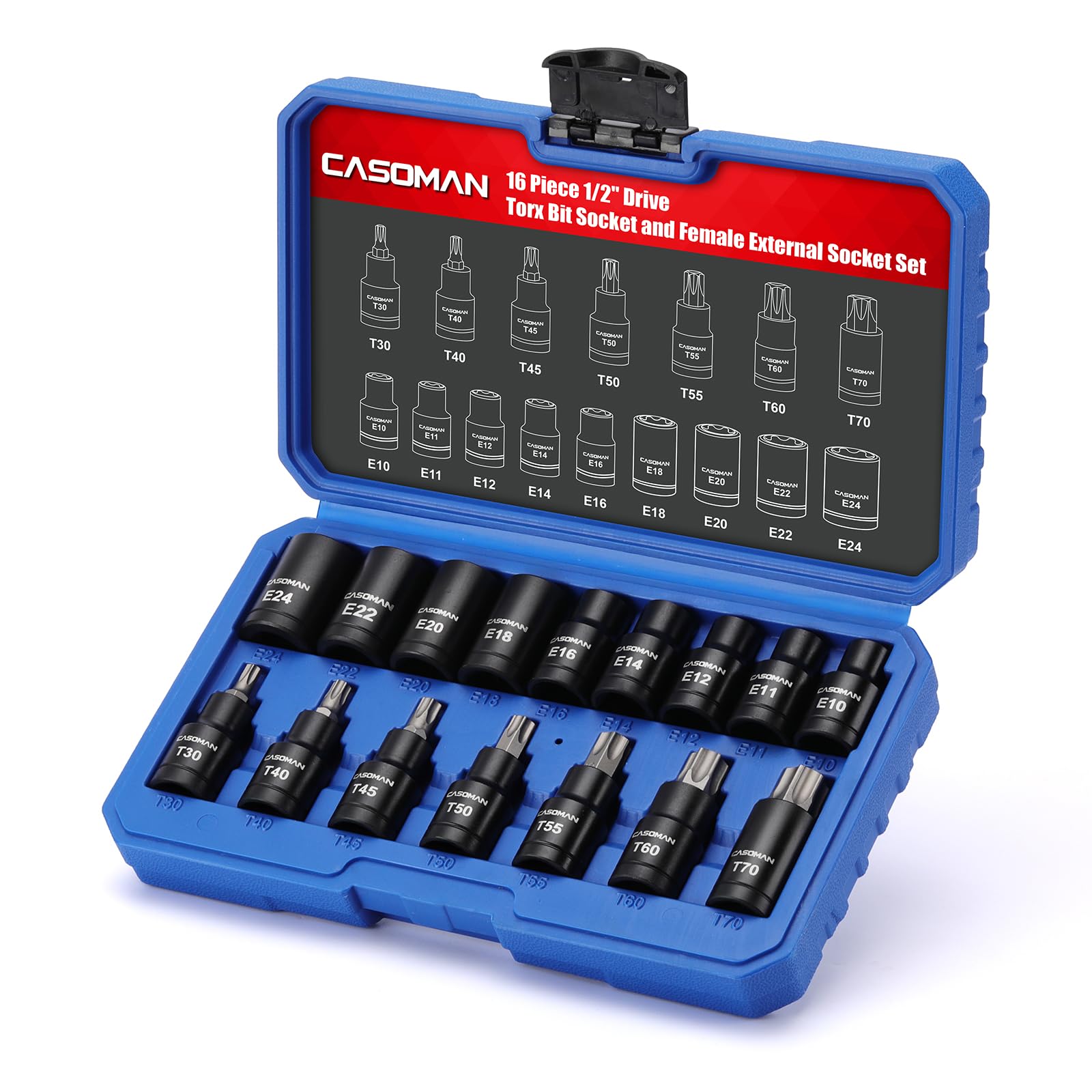 CASOMAN Set di 16 punte TorxBit da 1/2", Torx/Star: T30 T40 T45 T50 T55 T60 T70; E-Torx: E10 E11 E12 E14 E16 E18 E20 E22 E24; CR-V e S2