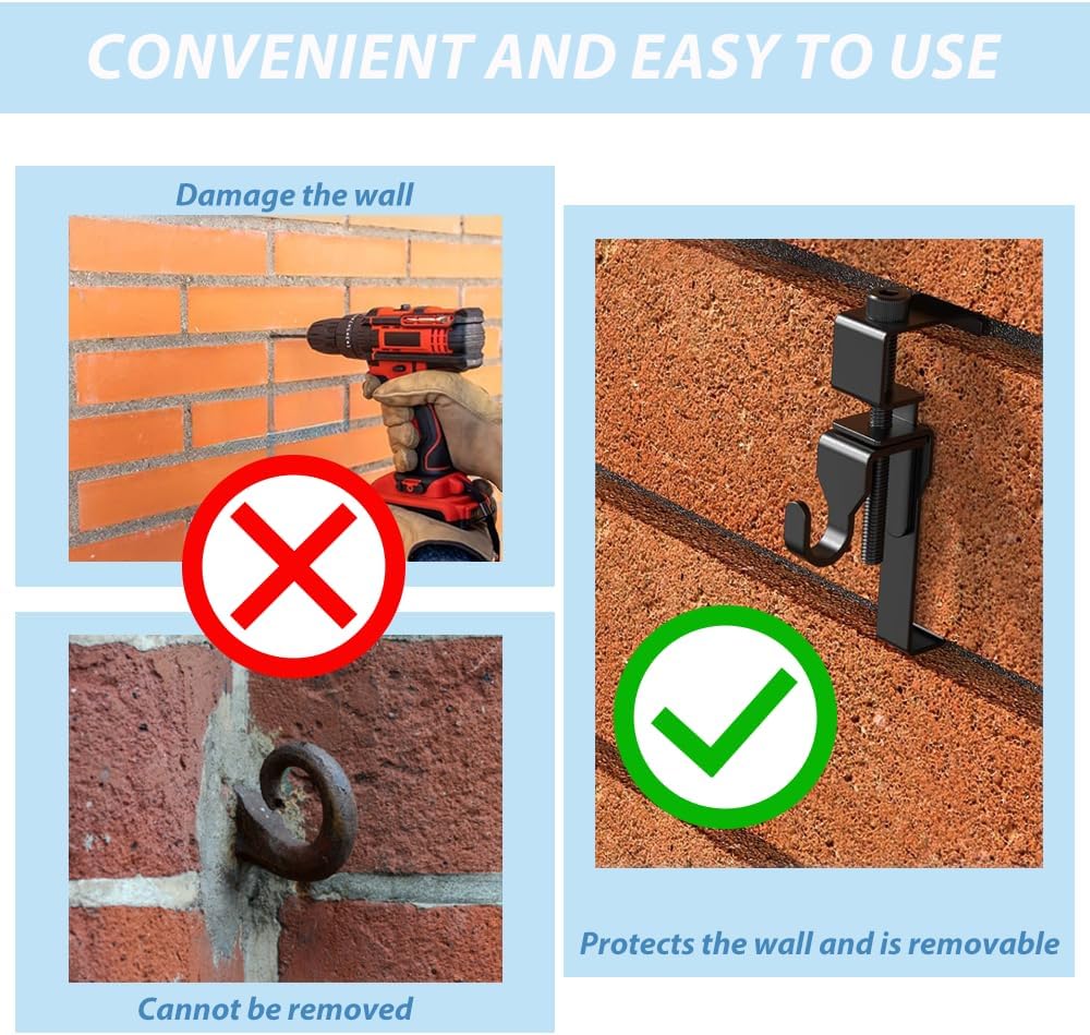 TRBSXRT 10 Pack Stainless Steel Brick Wall Clips - Heavy Duty Brick Hangers with 1 Wrenches Brick Hooks Clamp No Drill Outdoor Decor for Hanging Pictures, Black