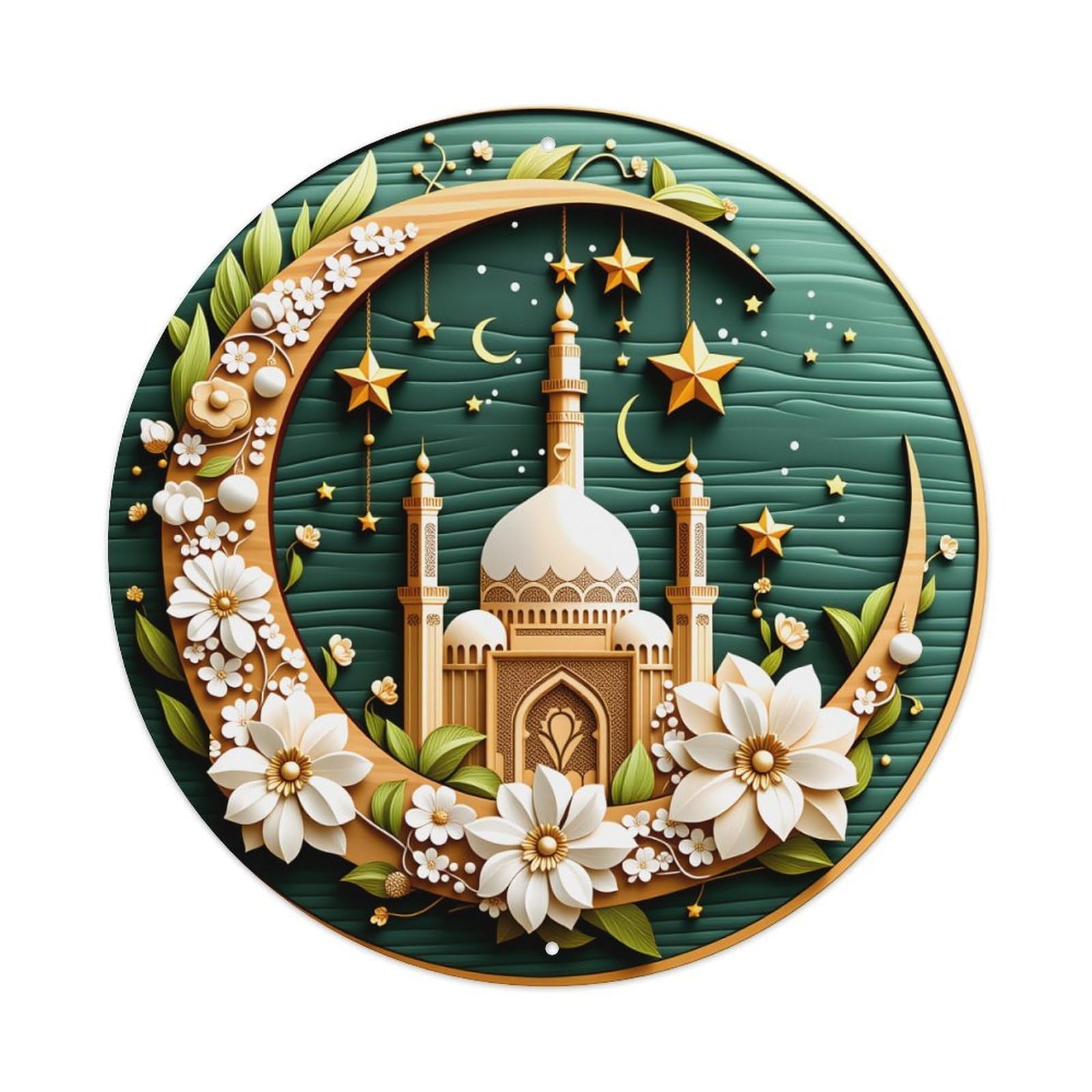Wmlzdnwr Vintage Moon Stars Mosque Flowers Leaves Night Sky Pattern Round Tin Sign,Retro Wall Art,Metal Poster For Home, Bar, Garage, Cafe, Rustic Indoor & Outdoor Decor, 8X8 Inches