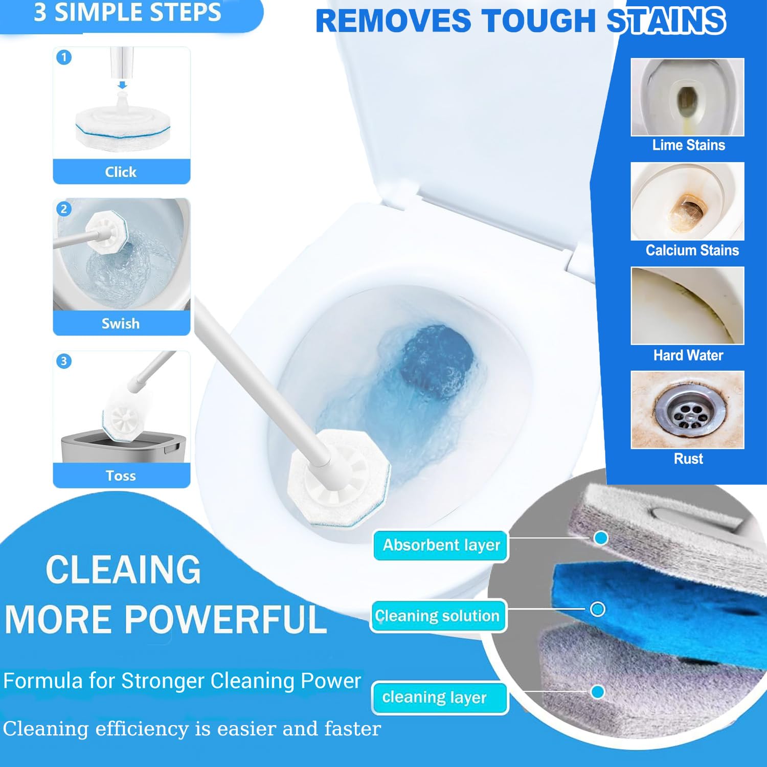 60 ricariche per WC Clorox, per scopino WC usa e getta, strato di pulizia ispessito, non si sfalda, per la pulizia di ceramica e bagno (blu)