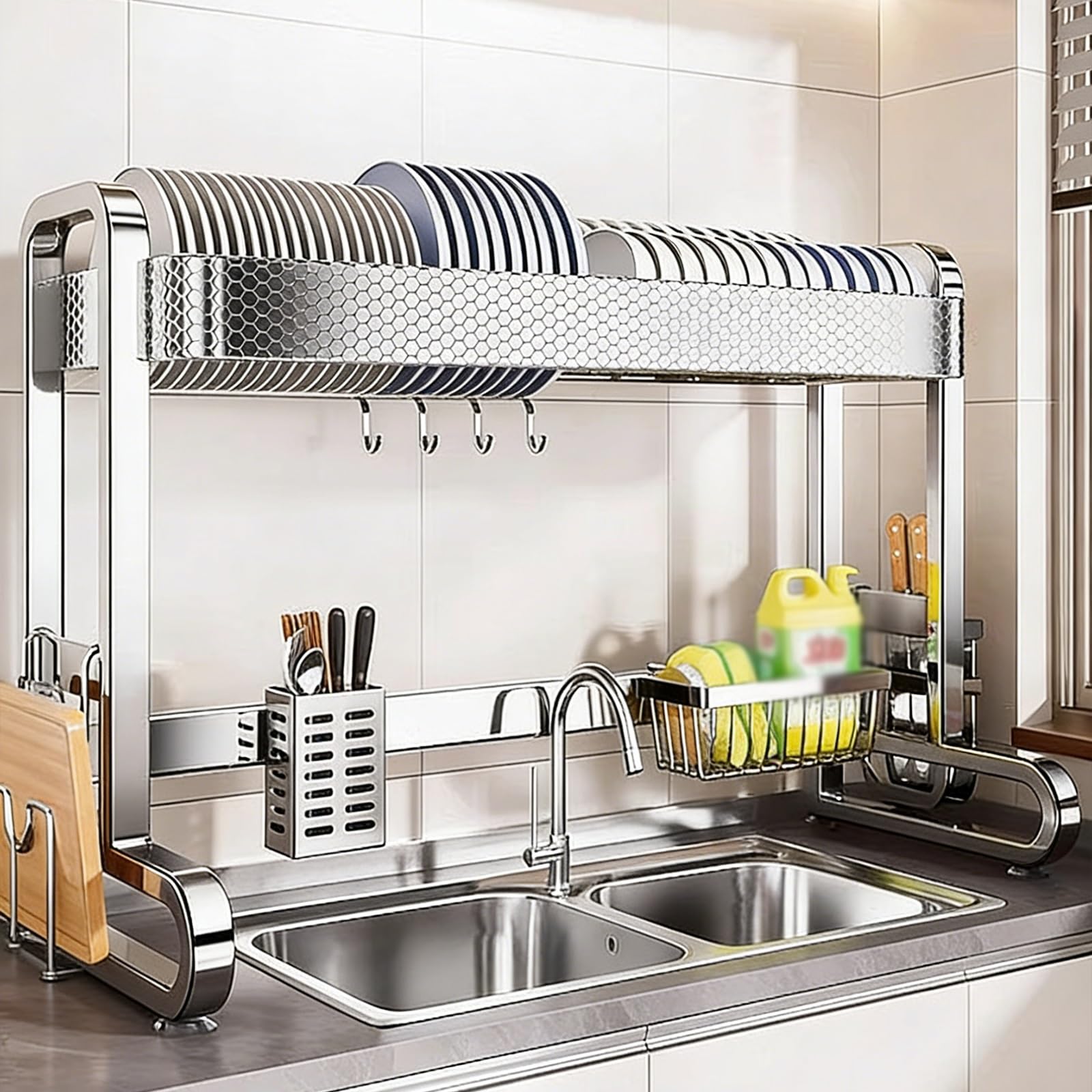 Escurridor de platos de acero inoxidable de 2 niveles con soporte para utensilios, escurridor de encimera de cocina para platos, vasos, cuencos y cubiertos
