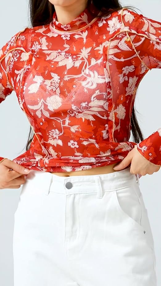 Women's Lace Mesh Tops Long Sleeve Dots Sheer Blouse Sexy Shirt