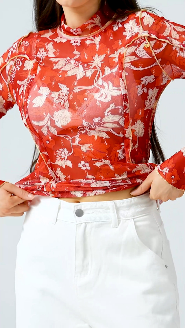 Women's Lace Mesh Tops Long Sleeve Dots Sheer Blouse Sexy Shirt