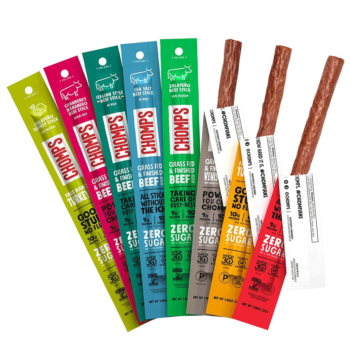 Chomps Variety Trial Pack, Grass Fed and Free Range Beef & Turkey Sticks, 8 Flavor Pack - Keto, Paleo, Whole30