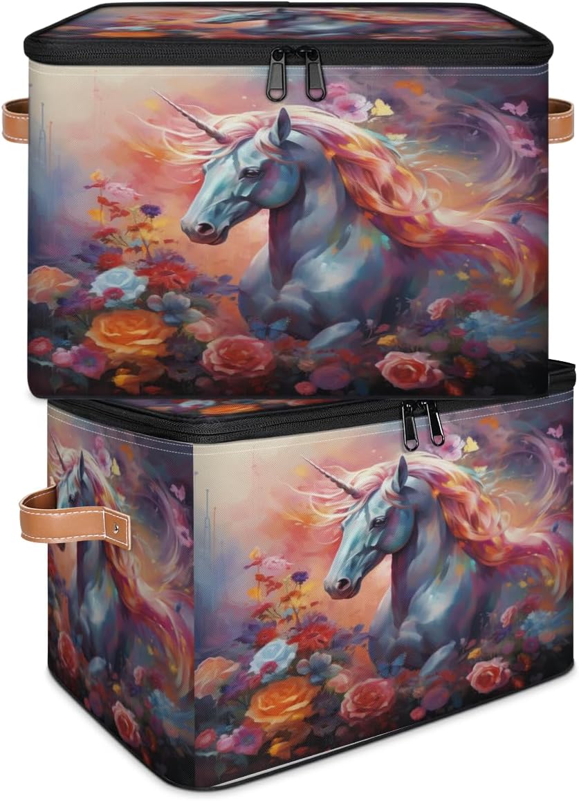 Storage Bin Set of 2 Unicorn Rose Storage Basket with Zipper Lid & Handle Foldable Closet Shelf 2 Pack Cloth Organizer Basket Cube Bins Clothes Organizer for Bedroom, Nursery