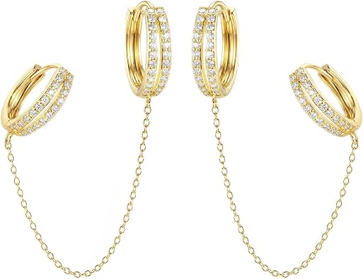Gold Chain Earrings for Women, Double Piercing Small Huggie Hoop Earrings 14K Gold Plated Hypoallergenic Cubic Zirconia Catilage Conch Stud Jewelry