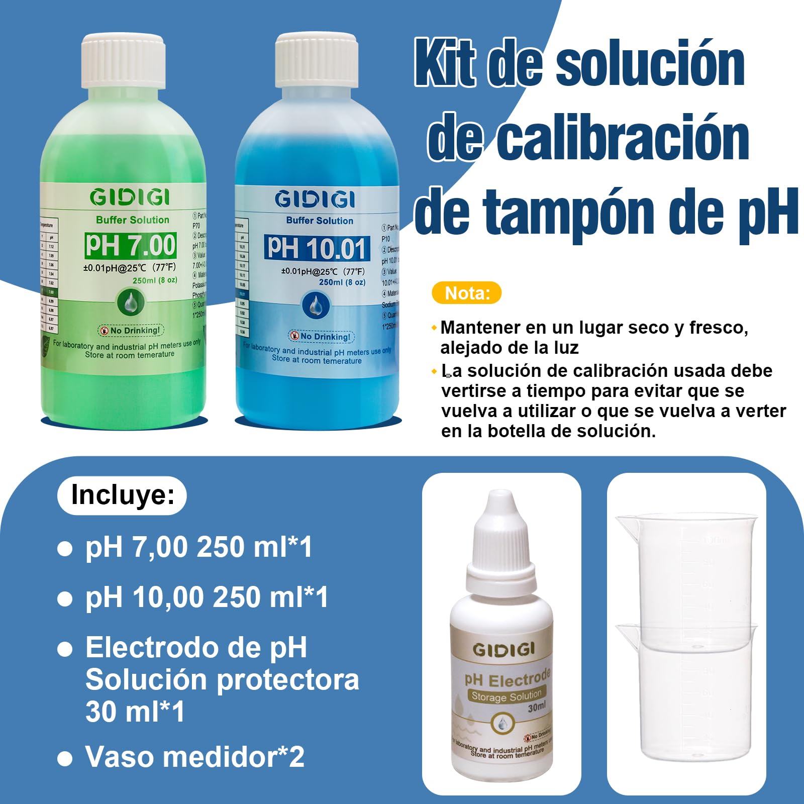 Kit de solución de calibración de medidor de pH, pH 7,00, 10,01 y solución de protección de electrodo