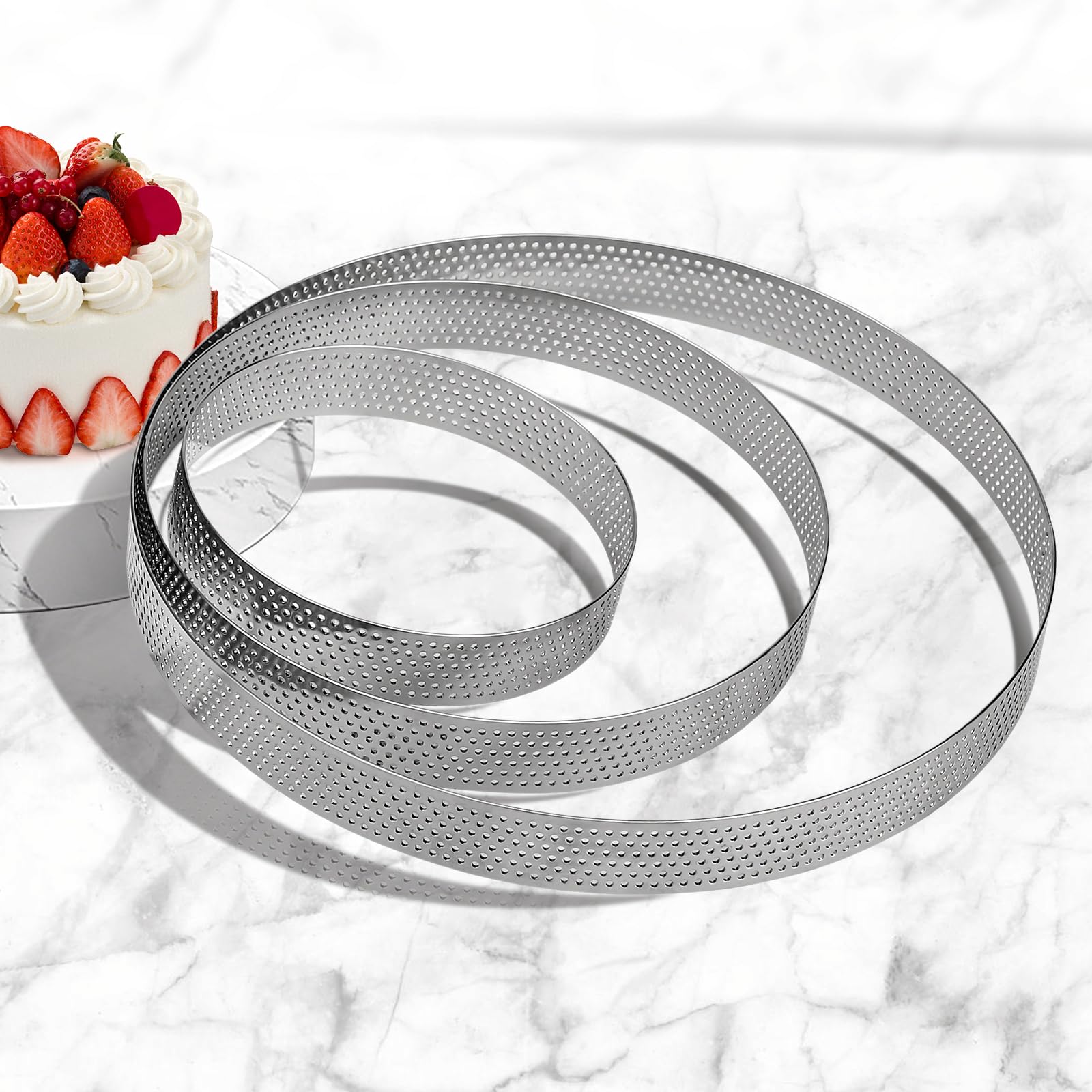 Teokantz Silver 3 Pcs Ø 10/15/20 Cm Perforated Tart Ring, Crumpet Rings Non Stick, Baking Rings 430 Stainless Steel, Pastry Rings For Tarts Pastries Cakes Pizzas Muffins