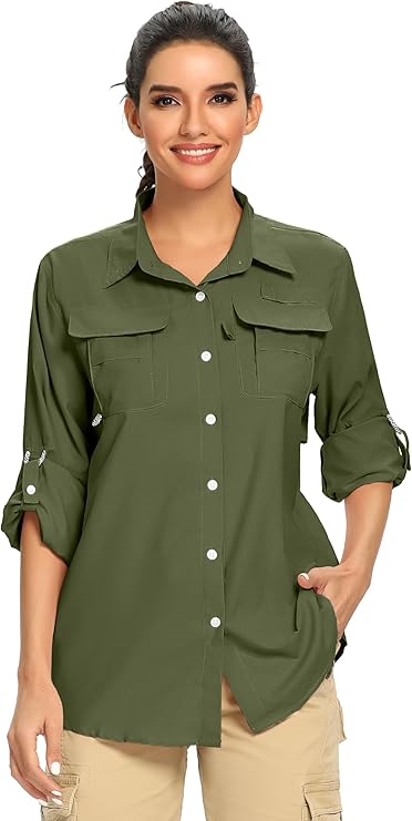 Women's UPF 50 Long Sleeve UV Sun Protection Safari Shirts Outdoor Quick Dry Fishing Hiking Travel Shirts