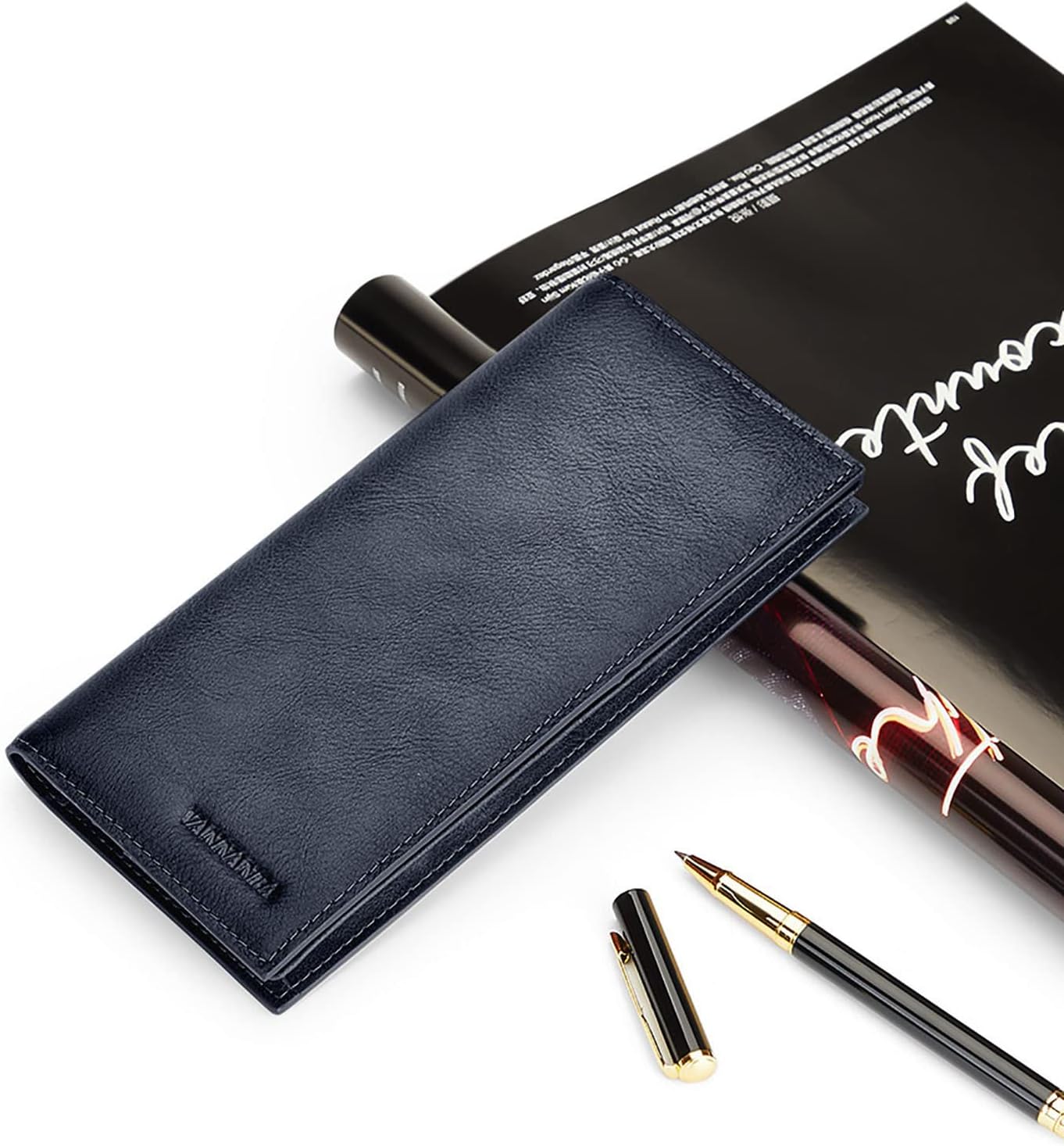 VANNANBA Mens Long Wallet Slim Full Grain Leather Checkbook Credit Card Organized Holder with Zip Coin Cash Slot