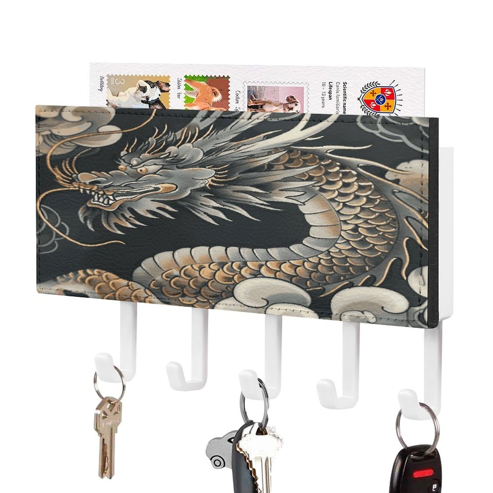Fekiloot White-Style Black Oriental Dragon Key Holder Wall Mount Key Hanger With 5 Hooks Decorative Key Rack Hanging Key Hooks With Mail Organizer Key Holder For Wall Living Room Kitchen Bathroom Hallway White