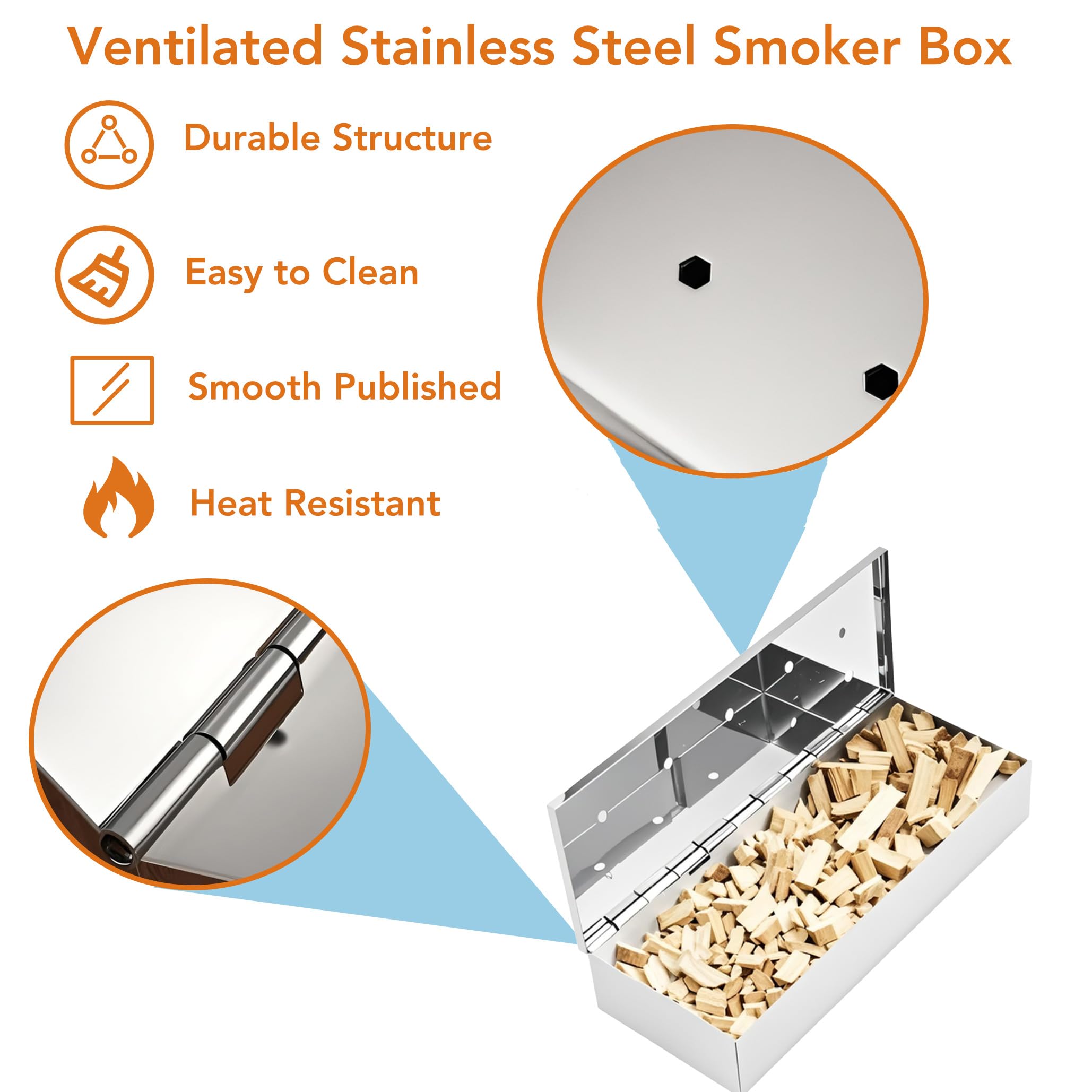 Caja de ahumador de acero inoxidable para parrilla de gas, caja de humo de barbacoa resistente con tapa con bisagras, sabor ahumado mejorado para pollo, carne de res, cerdo 6