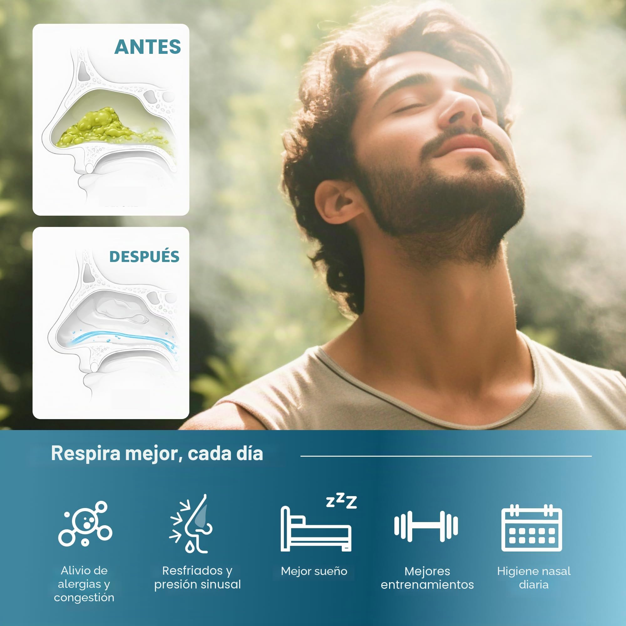 NASALFRESH MD Paquete Premium – Sistema de irrigación nasal con doble alimentación – Sistema de alivio descongestionante sinusal – 60 sobres de solución salina, estuche, 2 juegos de almohadillas