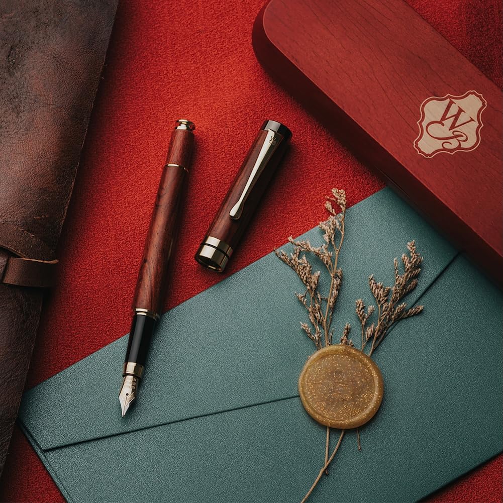 Wordsworth & Black Ensemble de stylo-plume, bois de bambou de - plume moyenne, coffret cadeau; Comprend 6 cartouches d'encre, un convertisseur de recharge d'encre; Calligraphie, dessin [Bois de rose]
