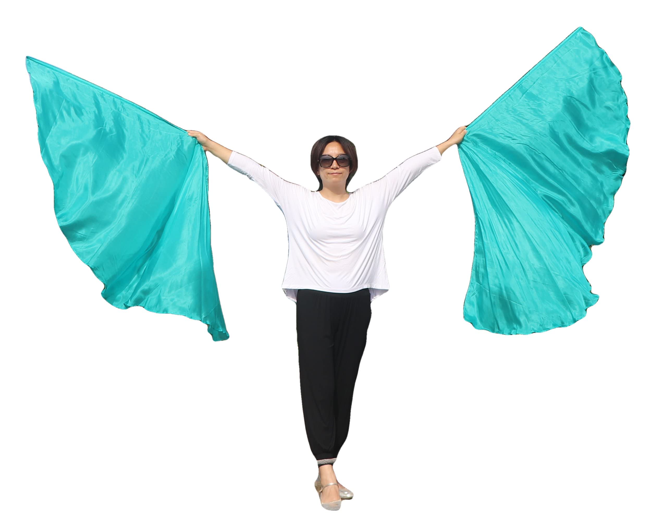 Winged Sirenny Pair 180cm Silk Dance Angel Wings, Lightweight Flow Props for Belly Dance Performances & Events, 70”Half Circle Sheer Silk with Portable Flexible Pole (peacock green) — image 1