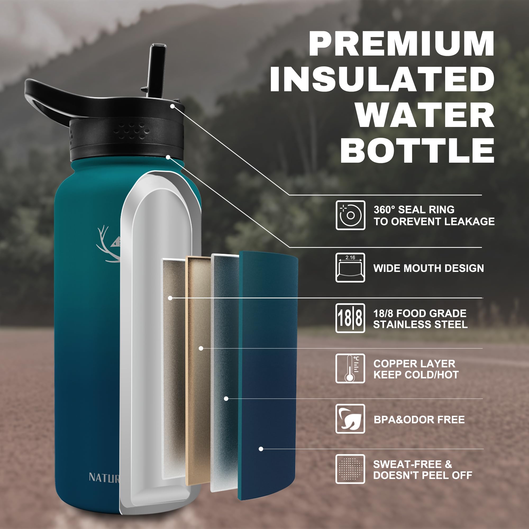 NATURE PIONEOR Bottiglie d'acqua isolate con cannuccia, in acciaio inox, capacità 60 ml, 18/8 ml, borraccia termica riutilizzabile per uso alimentare 18/8