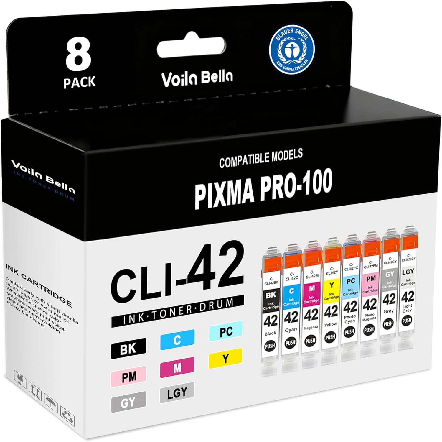 CLI-42 Ink Cartridges Compatible for Canon CLI-42 CLI42 CLI 42 Cartridges for Canon PRO 100 Ink Cartridges for Pixma PRO-100 PRO-100S Printer,8-Pack (BK/C/M/Y/PM/PC/GY/LGY)