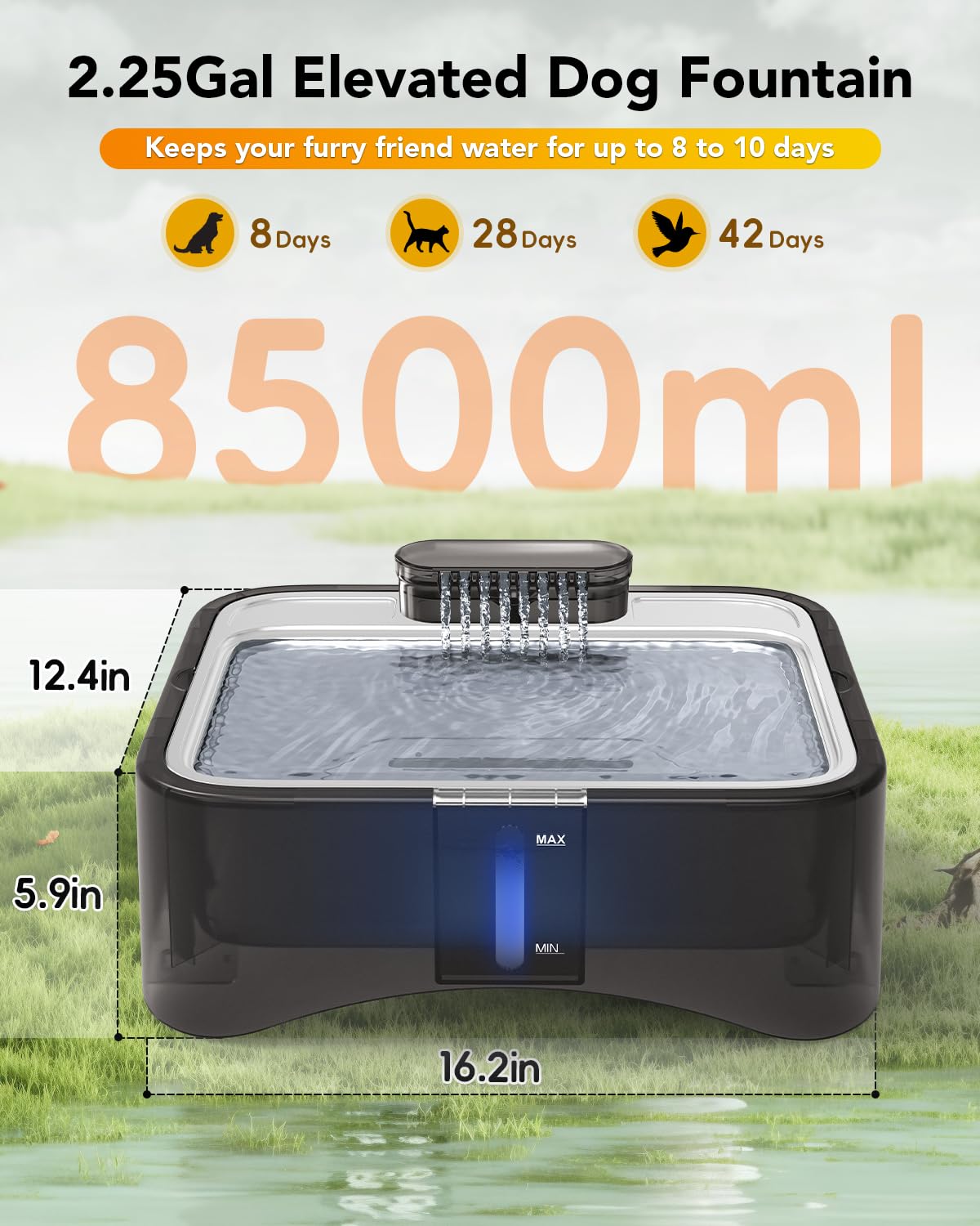 UPSKY Fuente de agua elevada para perros de 8.5 L/2.25 galones, dispensador elevado de 4 alturas ajustables para perros grandes y múltiples mascotas, bandeja de acero inoxidable con bomba ultra