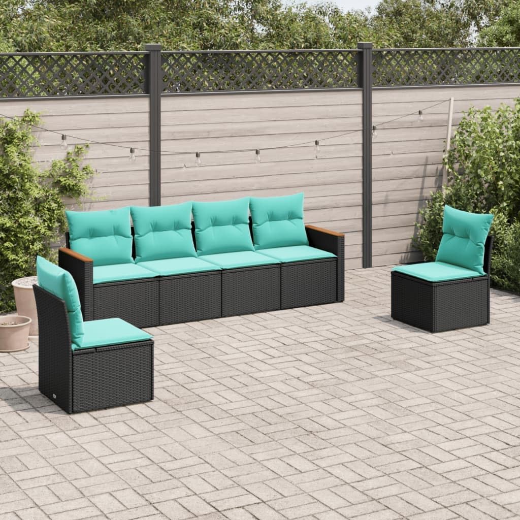 vidaXL Patio Sofa Set with Cushions - 6 Piece Black Poly Rattan Garden Furniture for Outdoor Use - Modular Design with Storage, Powder-Coated Steel Frame, UV-, Removable Washable Covers, 21.7"x 24...