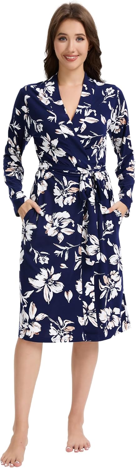 WiWi Women's Robe Long Sleeve Bathrobe with Pockets Soft Kimono Spa Lightweight Robes Bamboo Viscose Loungewear S-XXL