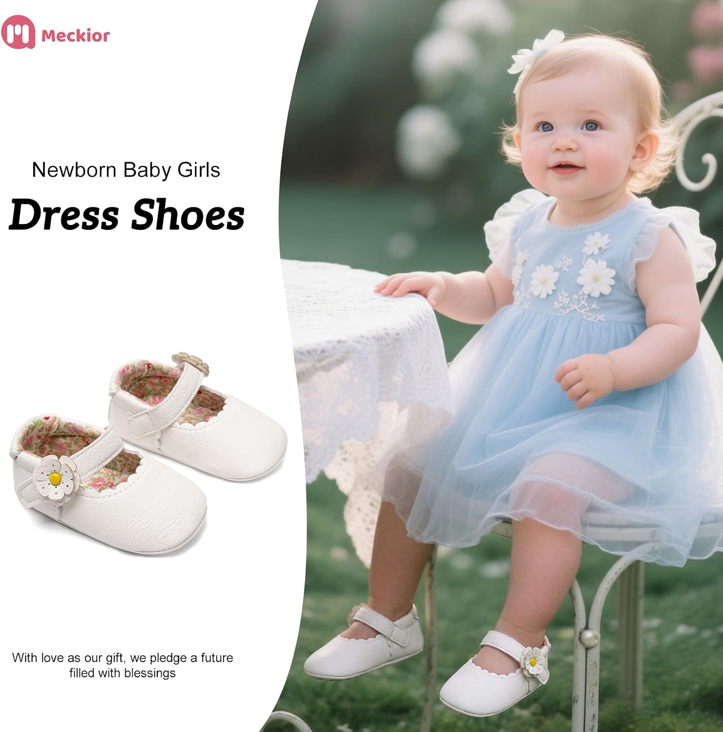 Meckior Newborn Baby Girls Dress Shoes Infant Bowknot Soft Sole Mary Jane Moccasins Baptism Christening Crib Shoes Wedding Princess Flats
