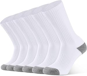 CLOSEMATE 6 Pairs Men's Cushion Crew Calf Socks Moisture Wicking Athletic Cotton Socks for Sport Training Work (6White,Size XL)