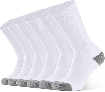 CLOSEMATE 6 Pairs Men's Cushion Crew Calf Socks Moisture Wicking Athletic Cotton Socks for Sport Training Work (6White,Size XL)
