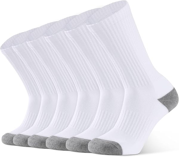 CLOSEMATE 6 Pairs Men's Cushion Crew Calf Socks Moisture Wicking Athletic Cotton Socks for Sport Training Work (6White,Size XL)