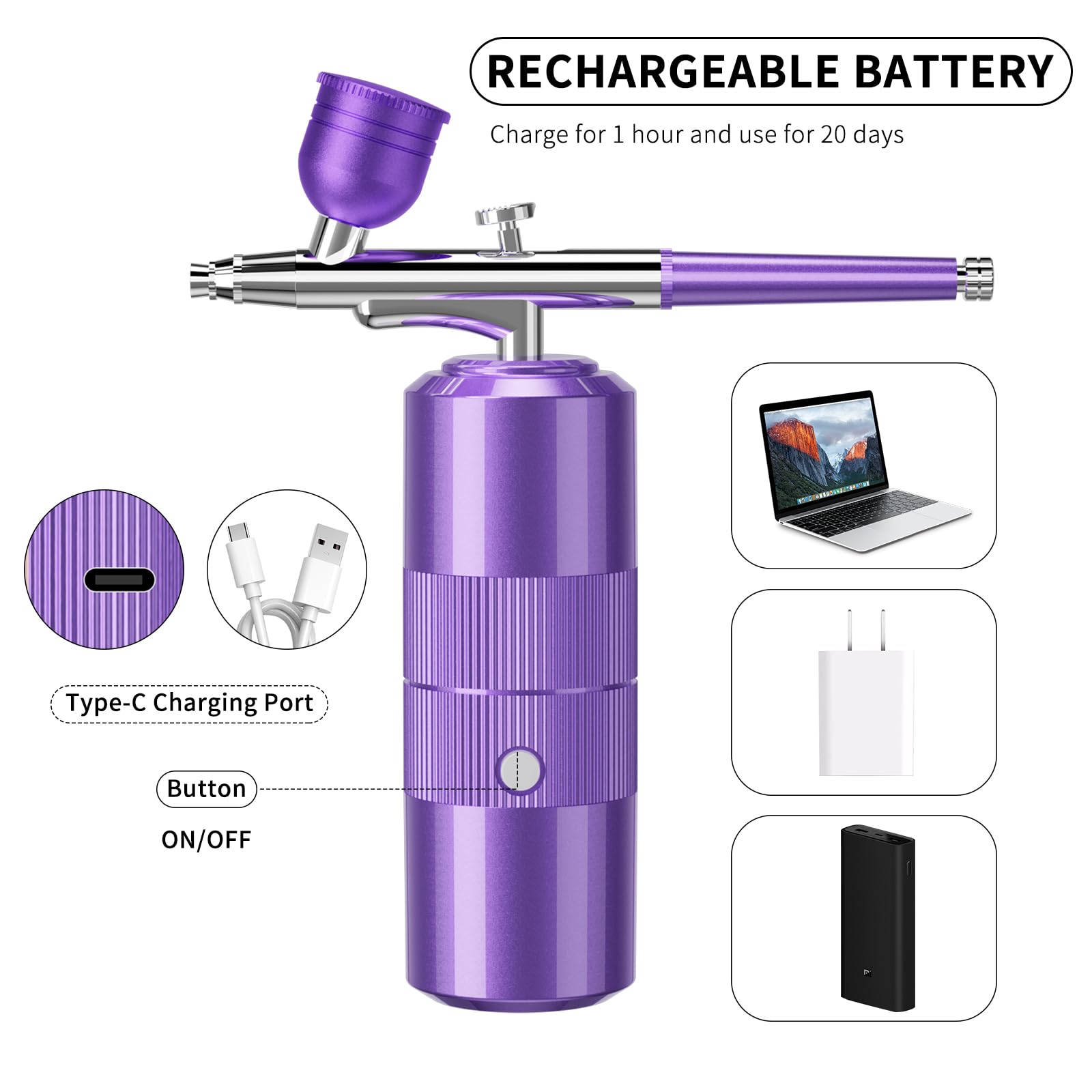 Kit de aerógrafo con compresor, kit de aerógrafo portátil de 48 PSI, juego de cepillo de aire de alta presión sin obstrucción, inalámbrico recargable con boquilla de 0.3 mm y cepillo de limpieza para