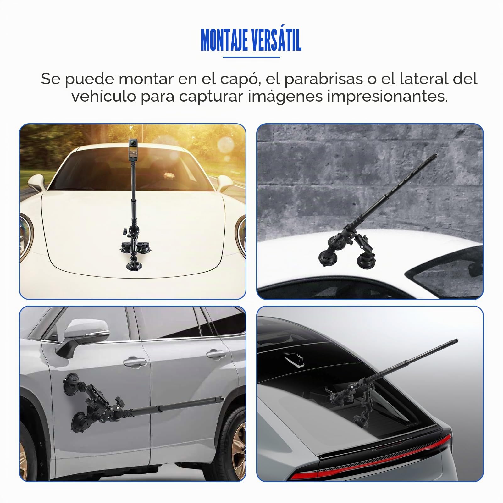 Juego de Soporte para Coche con Triple Ventosa, Soporte de Triple Ventosa y Abrazadera con Palo Selfie 120 cm, Soporte Coche Tercera Persona para Insta360 Gopro Cámara de Acción