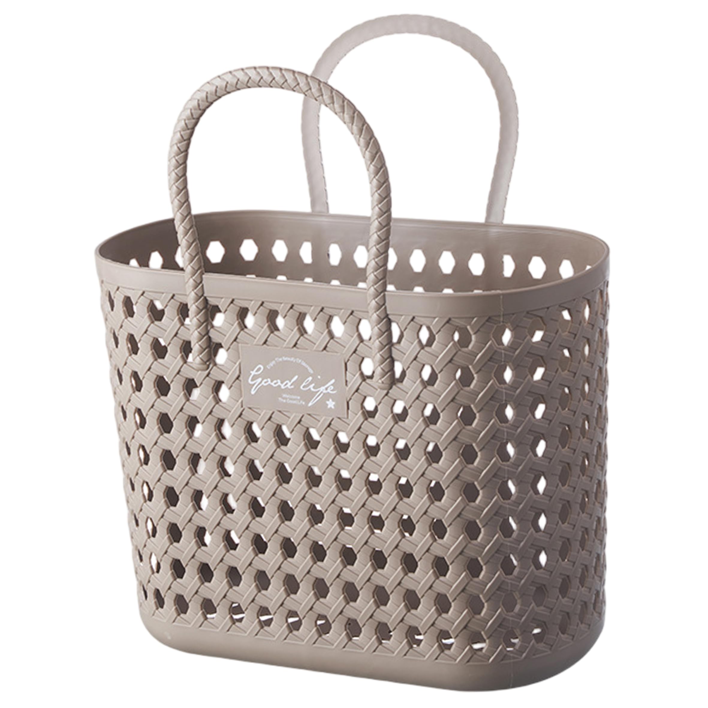 Cesta de ducha portátil de ratán de imitación hueca con asa para viajes en el baño, gris