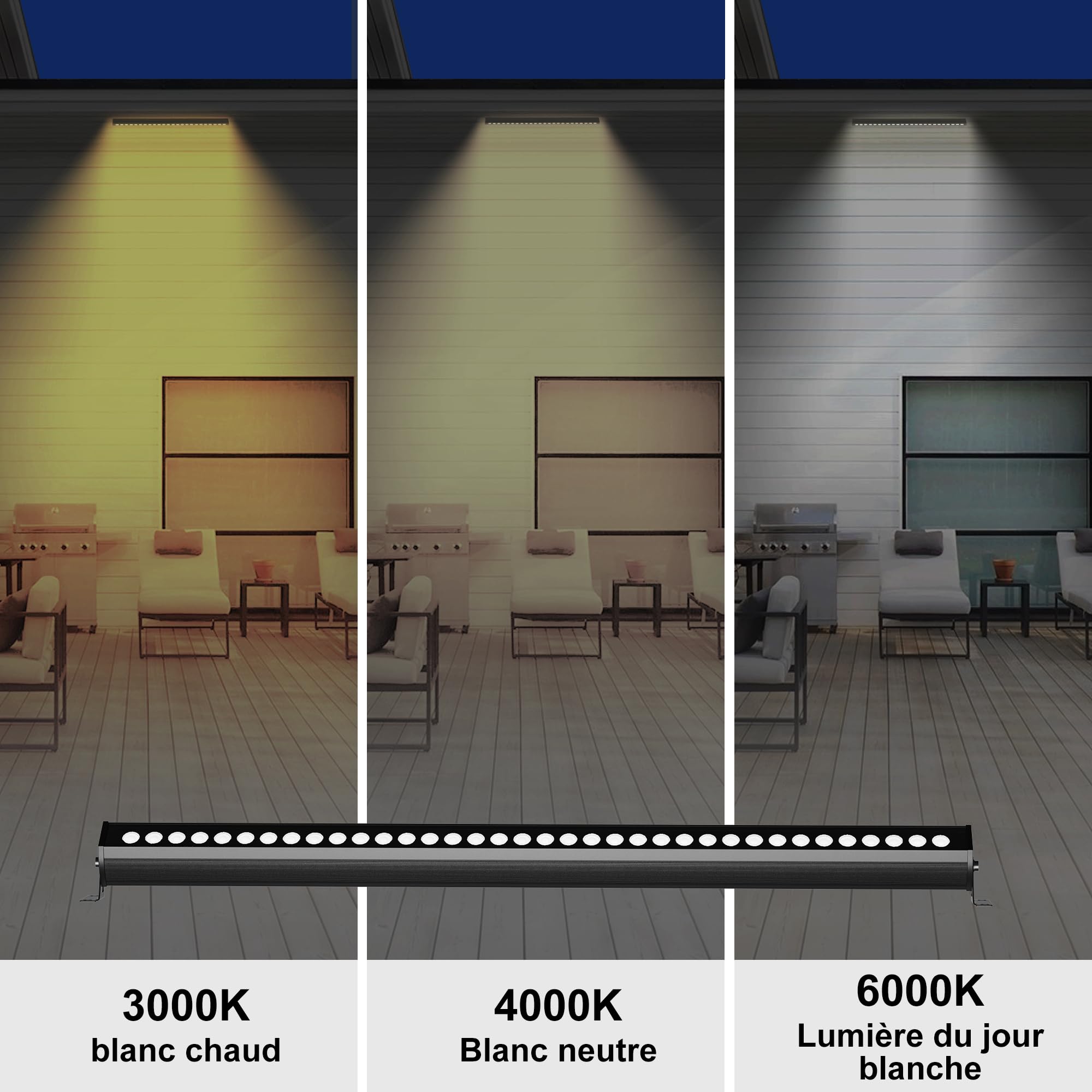 Proyector LED Exterior Barra de Luz LED 1 m, Foco LED Exterior 6000K Blanco Frío, IP65 Impermeable, Wall Washer para Jardín Patio Fachada, Soporte Giratorio 360°, Enchufe AC230V, Cable 2 m