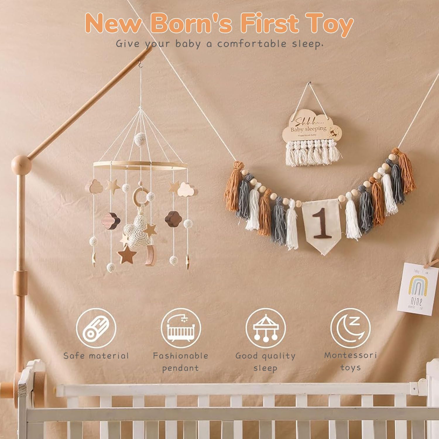 SNOWIE SOFT® Cradle Toys Hanging, Cute Wooden Crib Toys for New Born Baby with Assorted Wooden Charms Crib Mobile Toy Baby Soothing Toy Babies Cribs Ornament Babies Rustic Nursery Room Decor 1