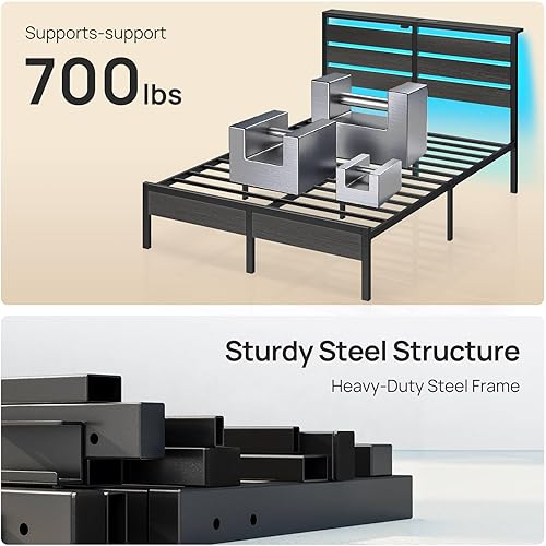 Miniatura 7 de Rolanstar Base de cama Queen con luces LED y estación de carga, cabecera de almacenamiento de madera y almacenamiento debajo de la cama, plataforma