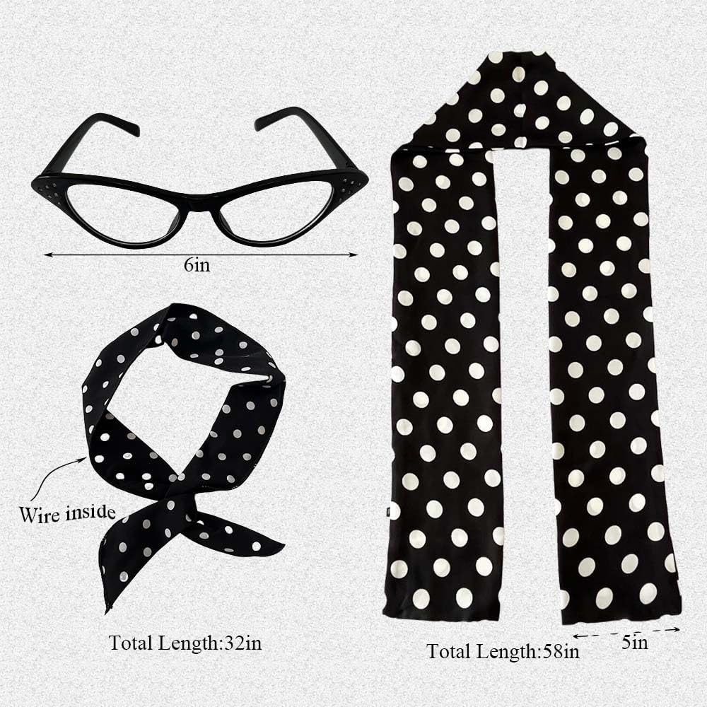 4Pack 1950s Women Costumes Halloween 50s Outfit Accessories for Women Girls with Skirt Glasses Headband Scarf