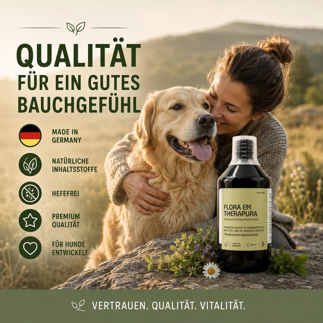 Flora EM Therapura Probiotikum für Hunde 500ml flüssig – Darmflora Aufbau mit 21 fermentierten Kräutern, Mikroorganismen & Pflanzenextrakten – Natürliche Verdauung Hund - Made in Germany